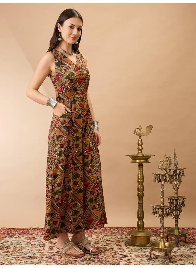 globus  Globus Women Mustard Wrap V-Neck Sleeveless Tribal Print Flared Wide Leg Fusion Jumpsuit with Belt for Women | Best Price UAE